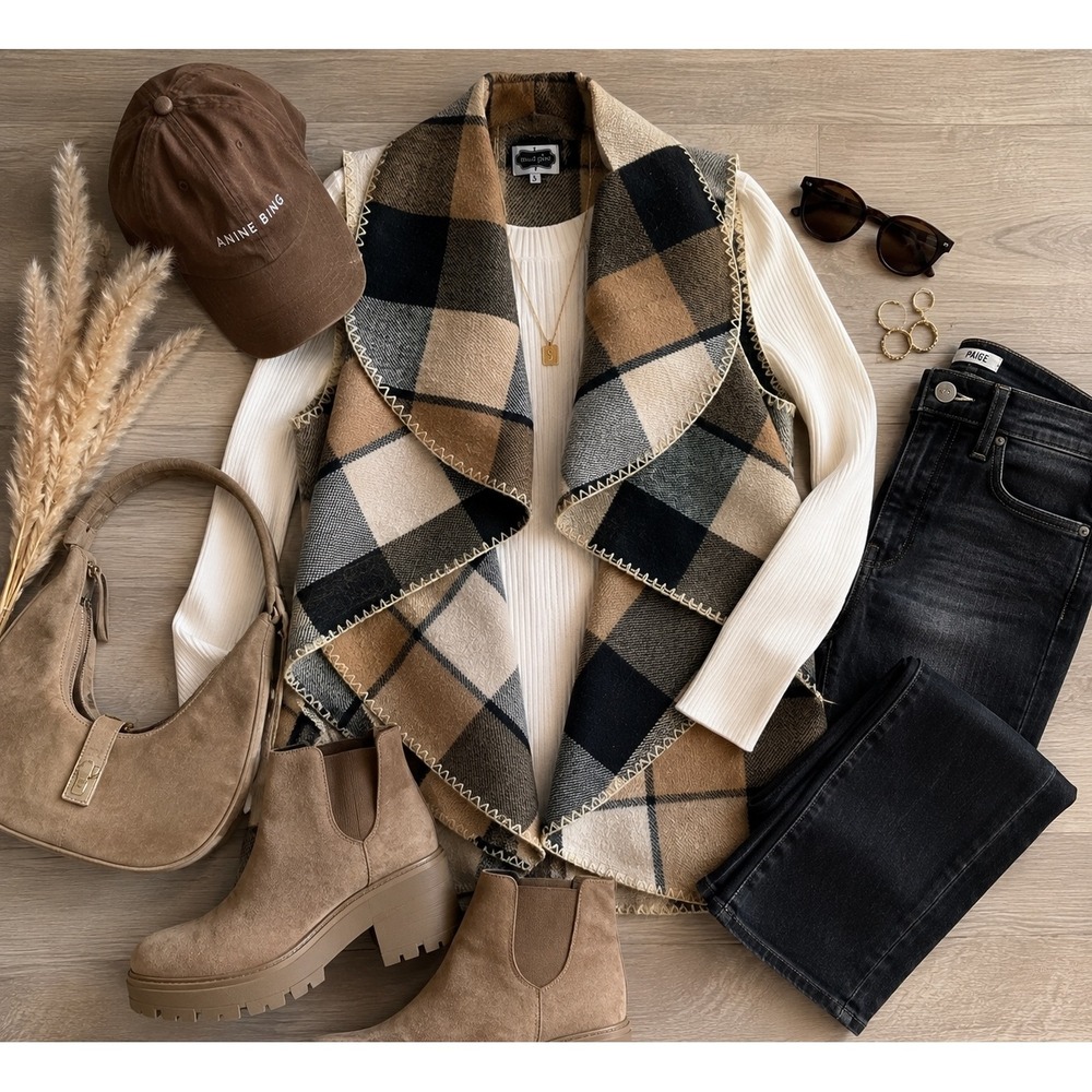 Mud Pie Plaid Blanket Vest | Boho Fall Layering Vest | One Size